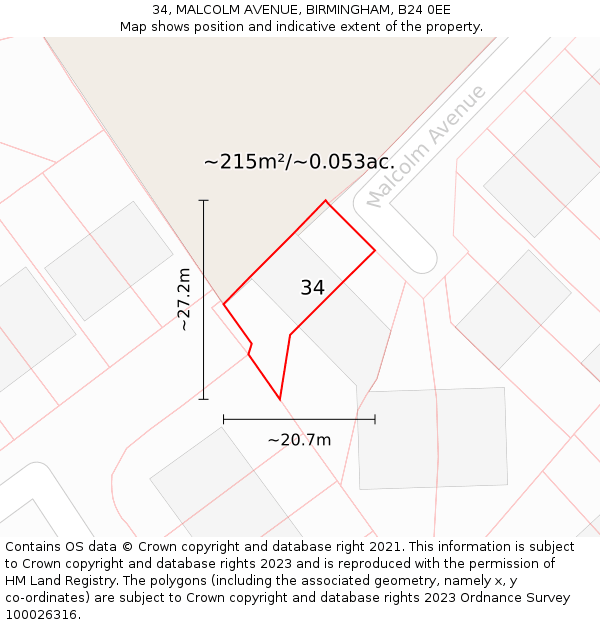 34, MALCOLM AVENUE, BIRMINGHAM, B24 0EE: Plot and title map