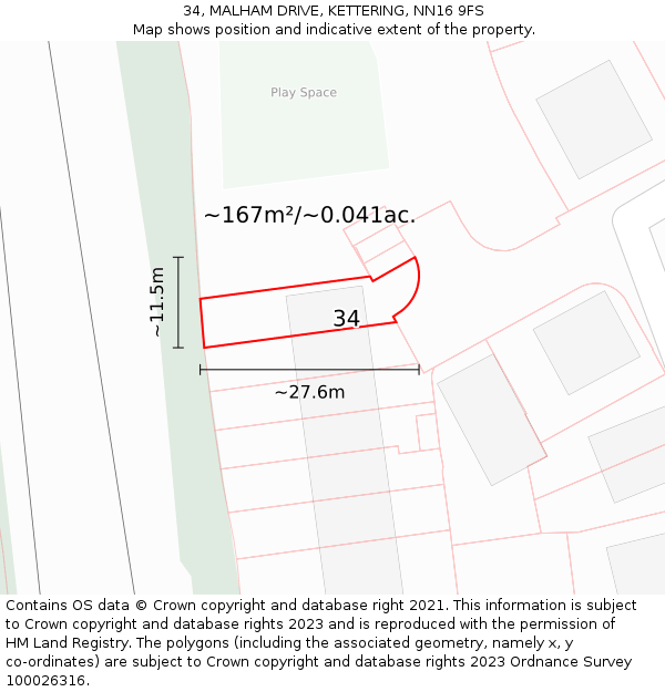 34, MALHAM DRIVE, KETTERING, NN16 9FS: Plot and title map