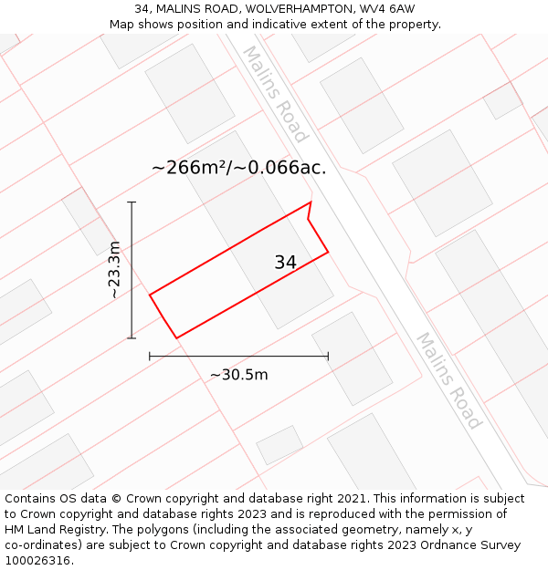 34, MALINS ROAD, WOLVERHAMPTON, WV4 6AW: Plot and title map