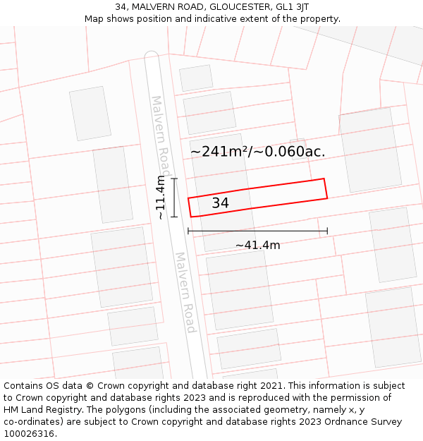 34, MALVERN ROAD, GLOUCESTER, GL1 3JT: Plot and title map
