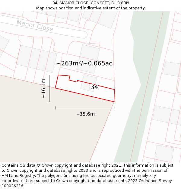 34, MANOR CLOSE, CONSETT, DH8 8BN: Plot and title map