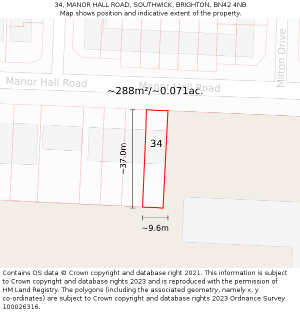 34, MANOR HALL ROAD, SOUTHWICK, BRIGHTON, BN42 4NB: Plot and title map