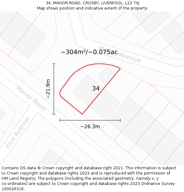 34, MANOR ROAD, CROSBY, LIVERPOOL, L23 7XJ: Plot and title map