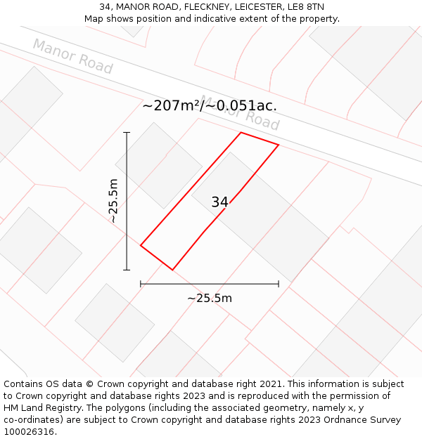 34, MANOR ROAD, FLECKNEY, LEICESTER, LE8 8TN: Plot and title map