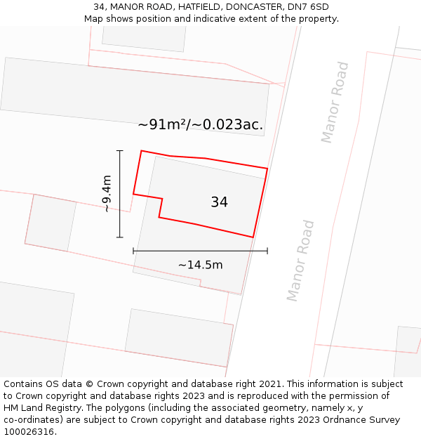 34, MANOR ROAD, HATFIELD, DONCASTER, DN7 6SD: Plot and title map