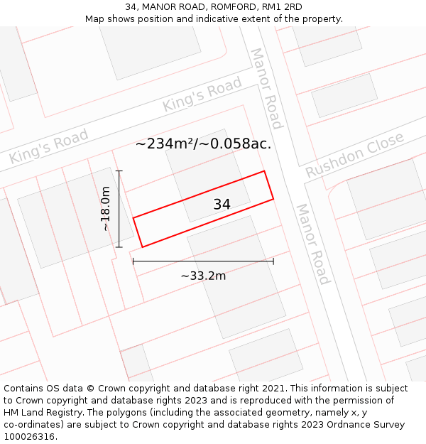 34, MANOR ROAD, ROMFORD, RM1 2RD: Plot and title map