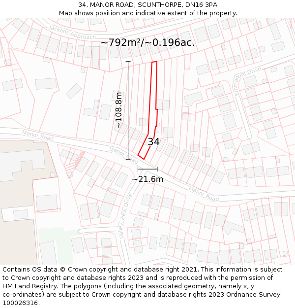 34, MANOR ROAD, SCUNTHORPE, DN16 3PA: Plot and title map