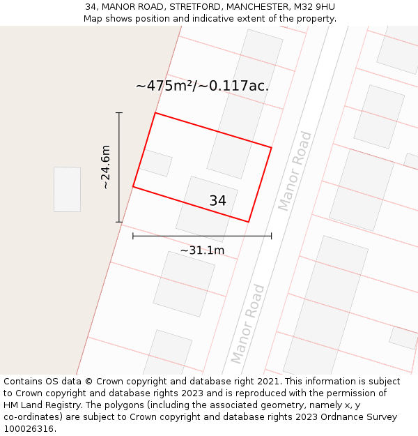 34, MANOR ROAD, STRETFORD, MANCHESTER, M32 9HU: Plot and title map