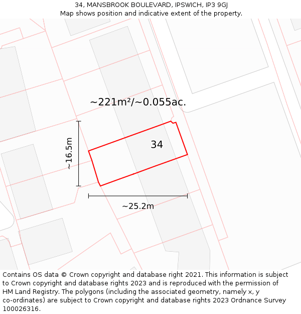 34, MANSBROOK BOULEVARD, IPSWICH, IP3 9GJ: Plot and title map