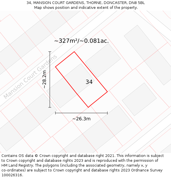 34, MANSION COURT GARDENS, THORNE, DONCASTER, DN8 5BL: Plot and title map