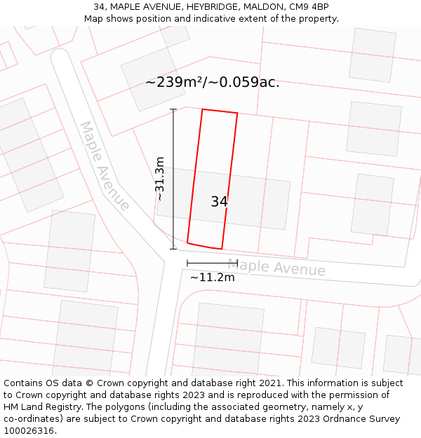 34, MAPLE AVENUE, HEYBRIDGE, MALDON, CM9 4BP: Plot and title map