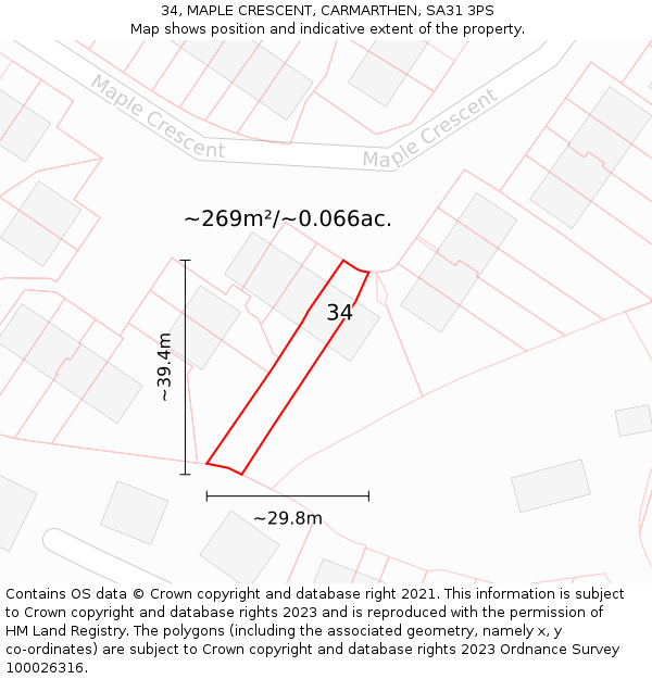 34, MAPLE CRESCENT, CARMARTHEN, SA31 3PS: Plot and title map