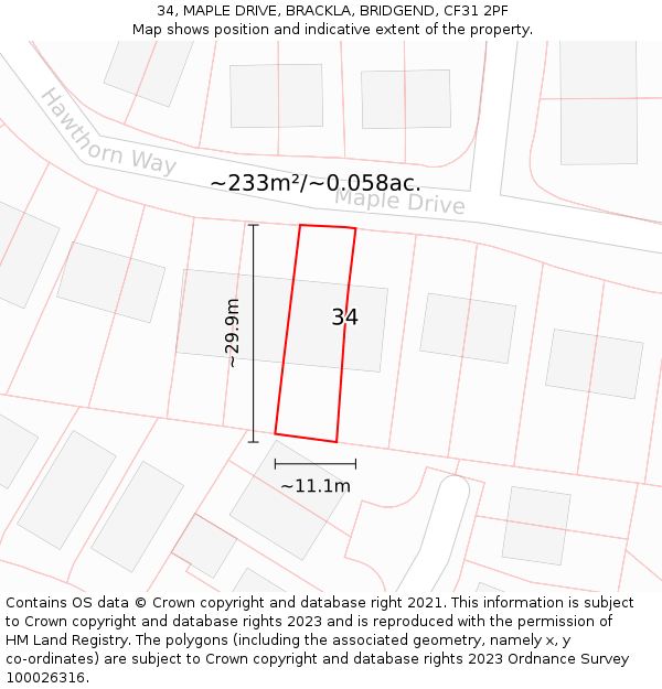 34, MAPLE DRIVE, BRACKLA, BRIDGEND, CF31 2PF: Plot and title map