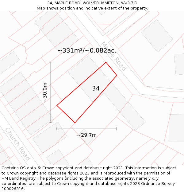 34, MAPLE ROAD, WOLVERHAMPTON, WV3 7JD: Plot and title map