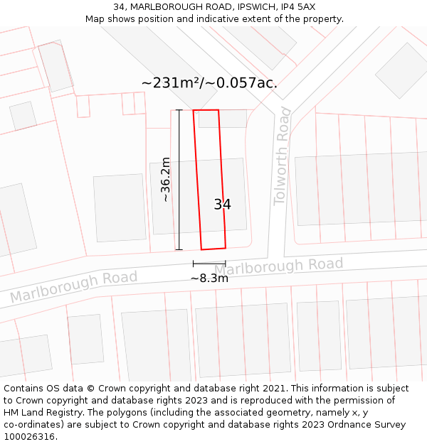 34, MARLBOROUGH ROAD, IPSWICH, IP4 5AX: Plot and title map