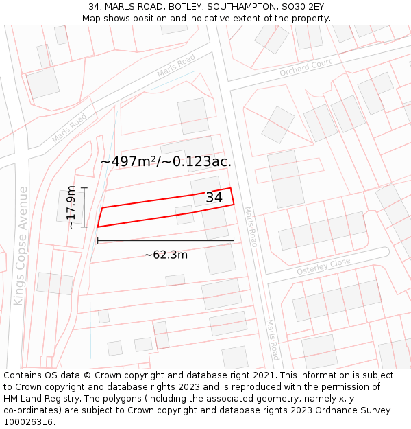 34, MARLS ROAD, BOTLEY, SOUTHAMPTON, SO30 2EY: Plot and title map