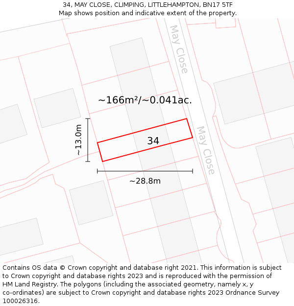 34, MAY CLOSE, CLIMPING, LITTLEHAMPTON, BN17 5TF: Plot and title map
