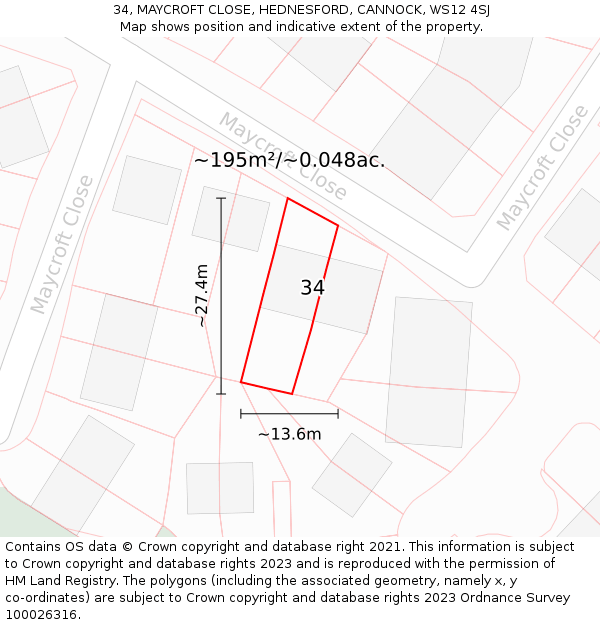 34, MAYCROFT CLOSE, HEDNESFORD, CANNOCK, WS12 4SJ: Plot and title map