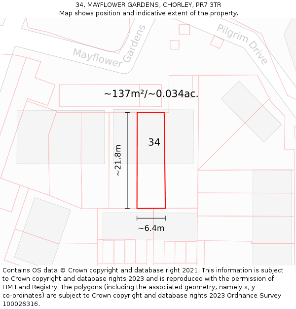 34, MAYFLOWER GARDENS, CHORLEY, PR7 3TR: Plot and title map