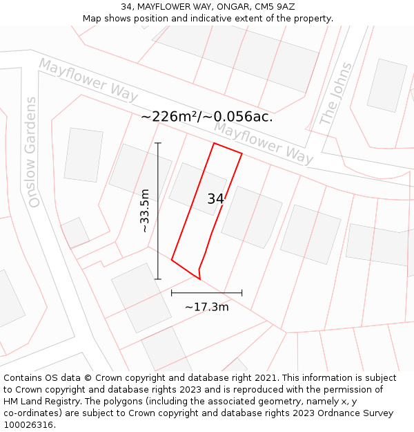34, MAYFLOWER WAY, ONGAR, CM5 9AZ: Plot and title map