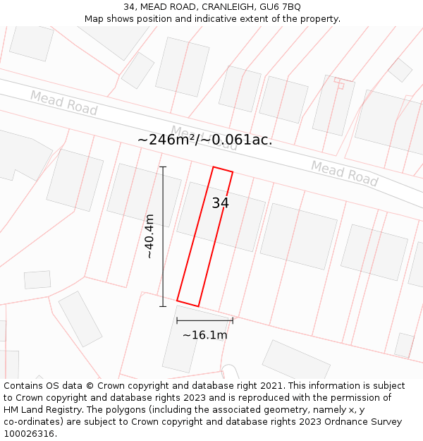34, MEAD ROAD, CRANLEIGH, GU6 7BQ: Plot and title map