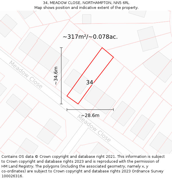 34, MEADOW CLOSE, NORTHAMPTON, NN5 6RL: Plot and title map