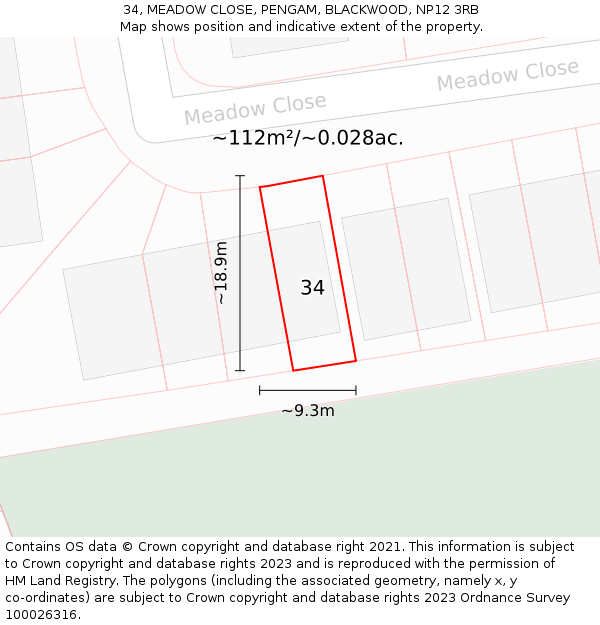34, MEADOW CLOSE, PENGAM, BLACKWOOD, NP12 3RB: Plot and title map