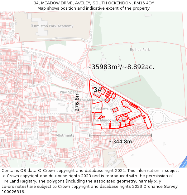 34, MEADOW DRIVE, AVELEY, SOUTH OCKENDON, RM15 4DY: Plot and title map