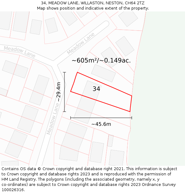 34, MEADOW LANE, WILLASTON, NESTON, CH64 2TZ: Plot and title map