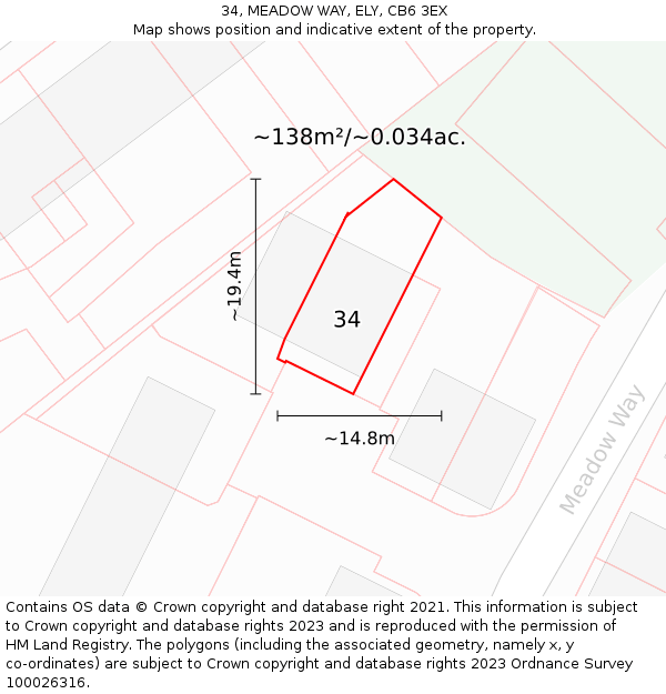 34, MEADOW WAY, ELY, CB6 3EX: Plot and title map