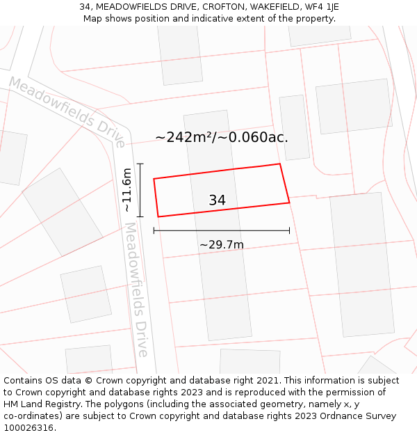 34, MEADOWFIELDS DRIVE, CROFTON, WAKEFIELD, WF4 1JE: Plot and title map