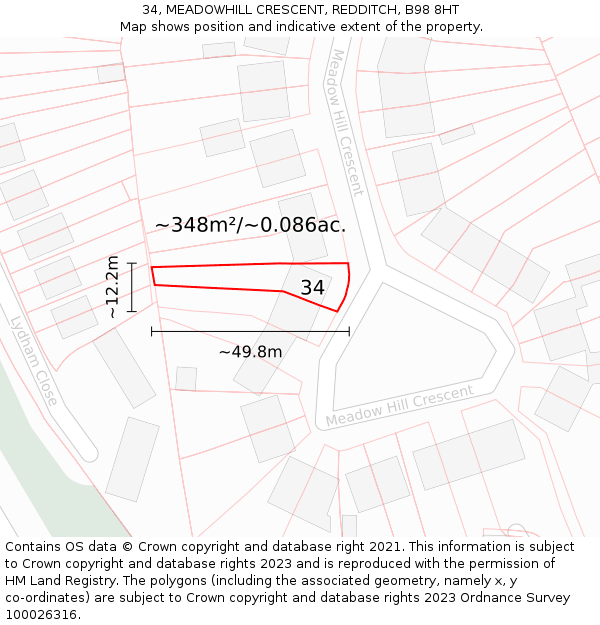 34, MEADOWHILL CRESCENT, REDDITCH, B98 8HT: Plot and title map
