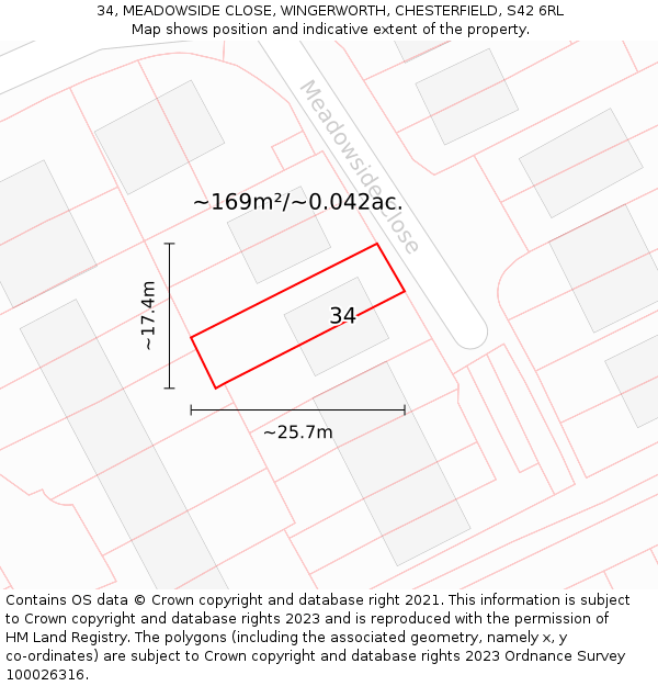 34, MEADOWSIDE CLOSE, WINGERWORTH, CHESTERFIELD, S42 6RL: Plot and title map