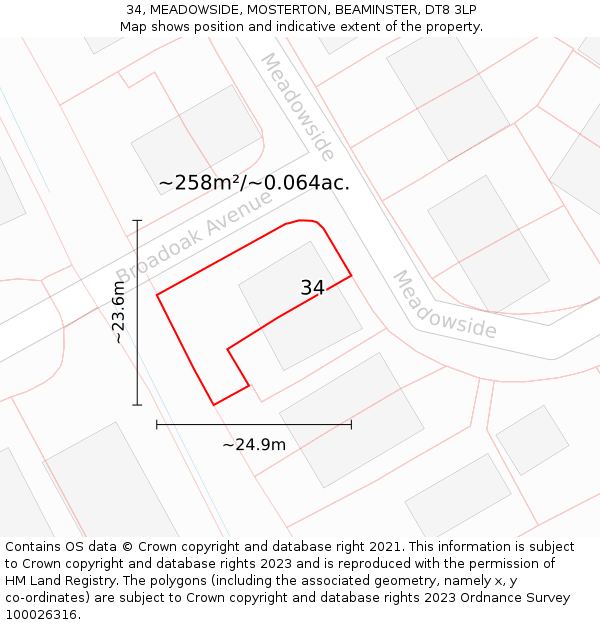 34, MEADOWSIDE, MOSTERTON, BEAMINSTER, DT8 3LP: Plot and title map