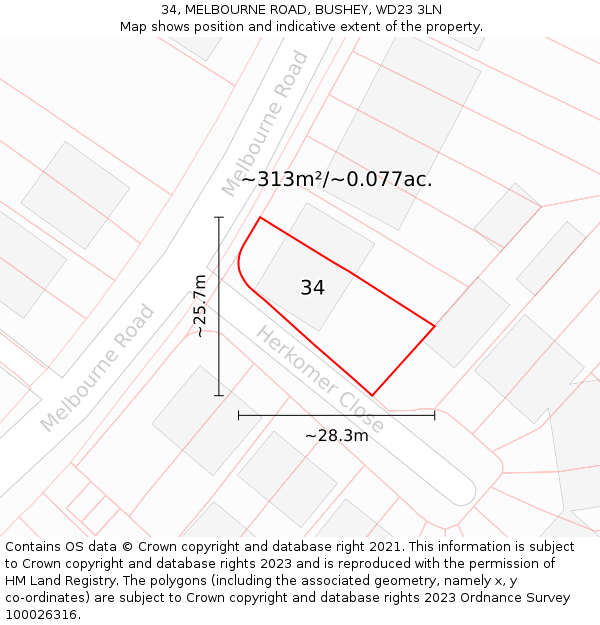 34, MELBOURNE ROAD, BUSHEY, WD23 3LN: Plot and title map