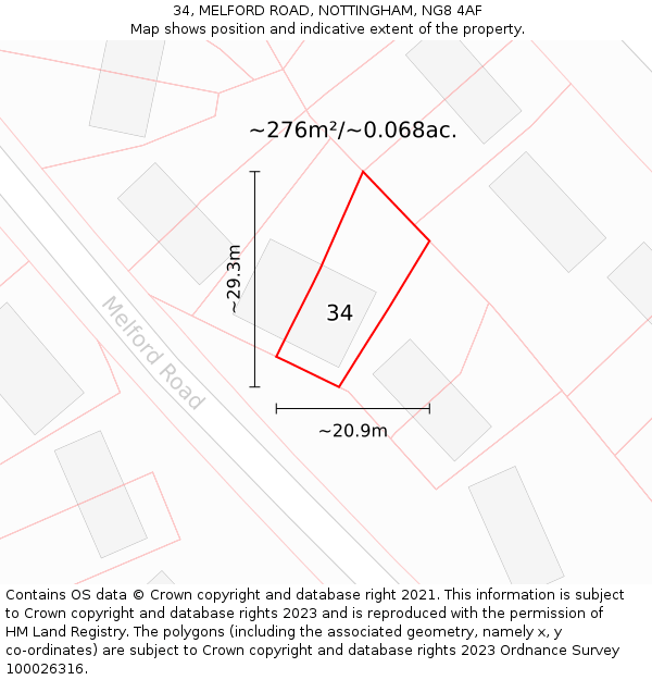 34, MELFORD ROAD, NOTTINGHAM, NG8 4AF: Plot and title map