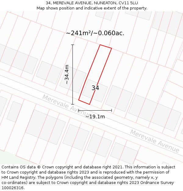 34, MEREVALE AVENUE, NUNEATON, CV11 5LU: Plot and title map