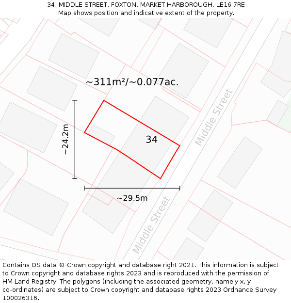 34, MIDDLE STREET, FOXTON, MARKET HARBOROUGH, LE16 7RE: Plot and title map