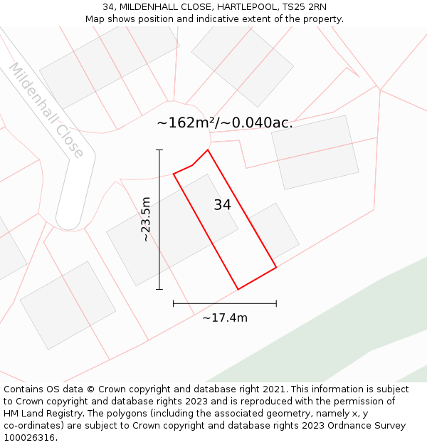 34, MILDENHALL CLOSE, HARTLEPOOL, TS25 2RN: Plot and title map
