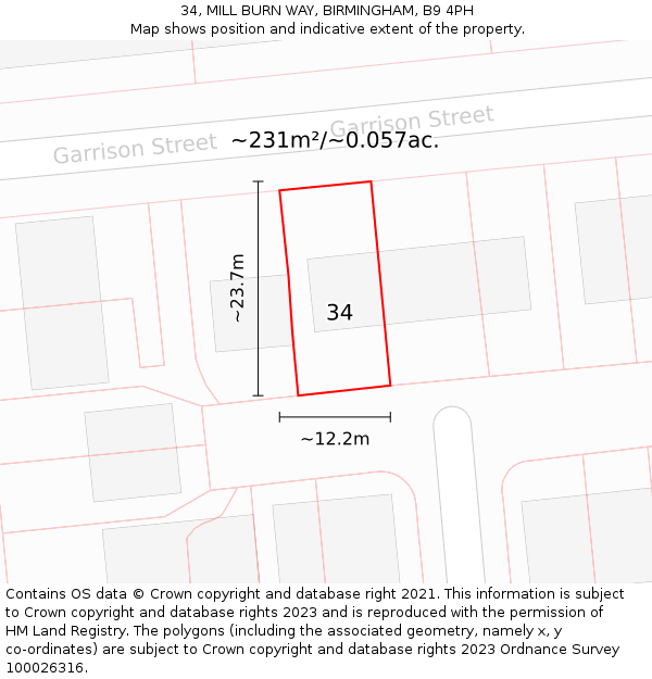 34, MILL BURN WAY, BIRMINGHAM, B9 4PH: Plot and title map
