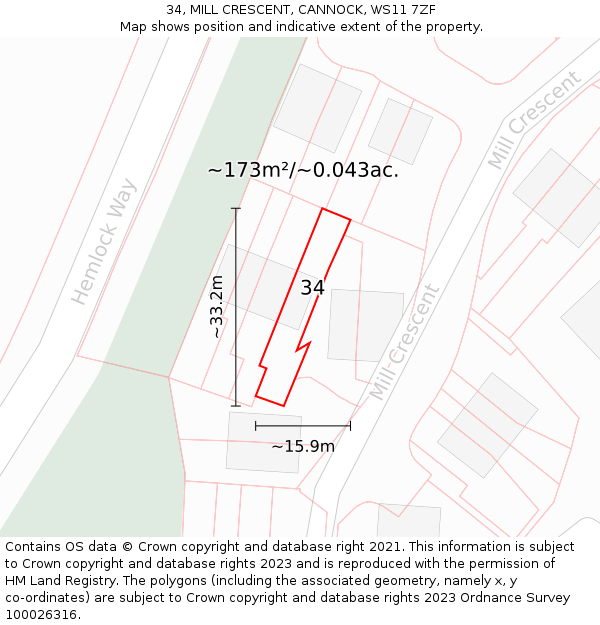 34, MILL CRESCENT, CANNOCK, WS11 7ZF: Plot and title map