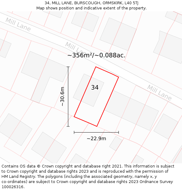 34, MILL LANE, BURSCOUGH, ORMSKIRK, L40 5TJ: Plot and title map
