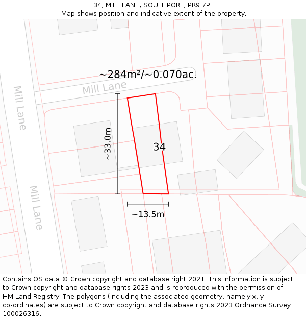 34, MILL LANE, SOUTHPORT, PR9 7PE: Plot and title map