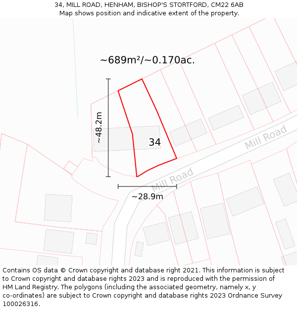 34, MILL ROAD, HENHAM, BISHOP'S STORTFORD, CM22 6AB: Plot and title map