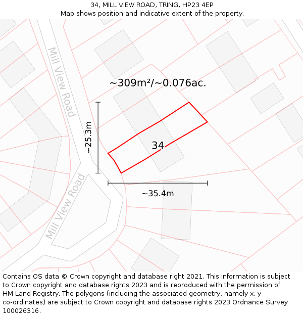 34, MILL VIEW ROAD, TRING, HP23 4EP: Plot and title map