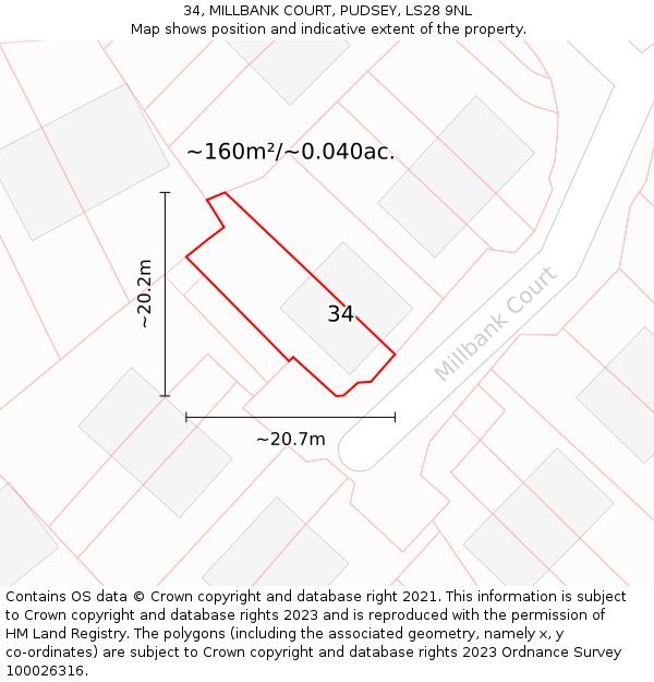 34, MILLBANK COURT, PUDSEY, LS28 9NL: Plot and title map