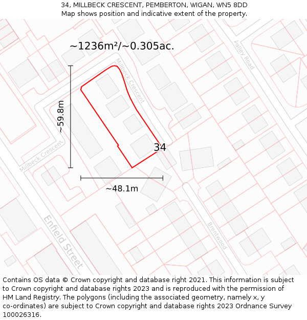 34, MILLBECK CRESCENT, PEMBERTON, WIGAN, WN5 8DD: Plot and title map