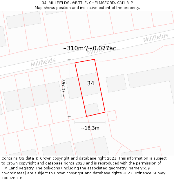 34, MILLFIELDS, WRITTLE, CHELMSFORD, CM1 3LP: Plot and title map