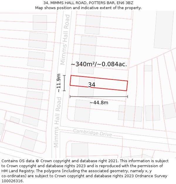 34, MIMMS HALL ROAD, POTTERS BAR, EN6 3BZ: Plot and title map