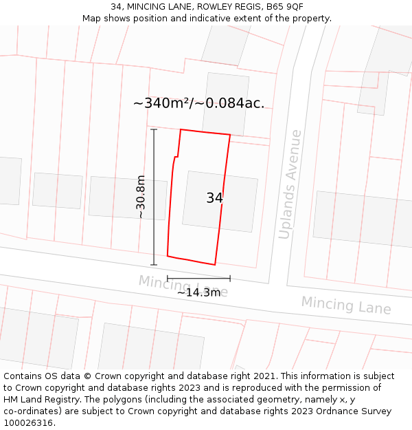 34, MINCING LANE, ROWLEY REGIS, B65 9QF: Plot and title map